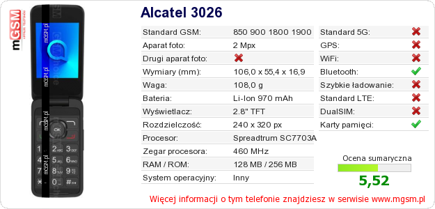 Dane telefonu Alcatel 3026