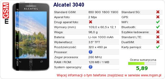 Dane telefonu Alcatel 3040