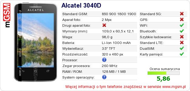 Dane telefonu Alcatel 3040D