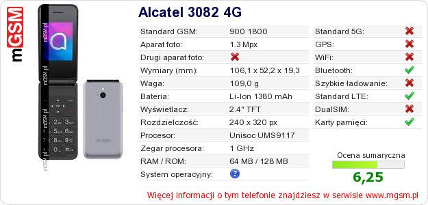 Dane telefonu Alcatel 3082 4G