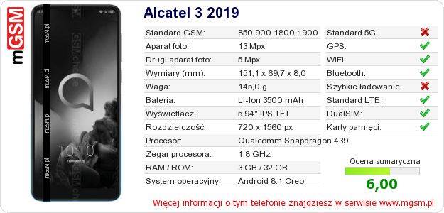 Dane telefonu Alcatel 3 2019