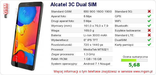 Dane telefonu Alcatel 3C Dual SIM