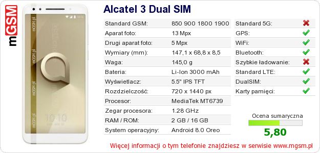 Dane telefonu Alcatel 3 Dual SIM