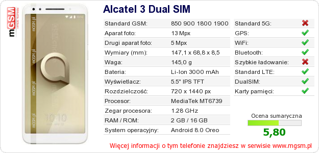 Dane telefonu Alcatel 3 Dual SIM