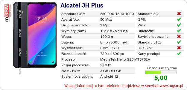 Dane telefonu Alcatel 3H Plus