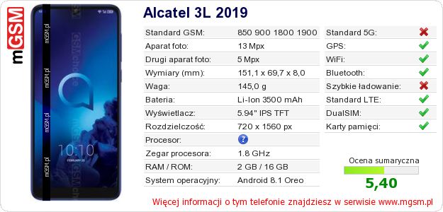 Dane telefonu Alcatel 3L 2019