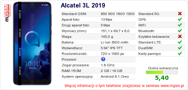 Dane telefonu Alcatel 3L 2019