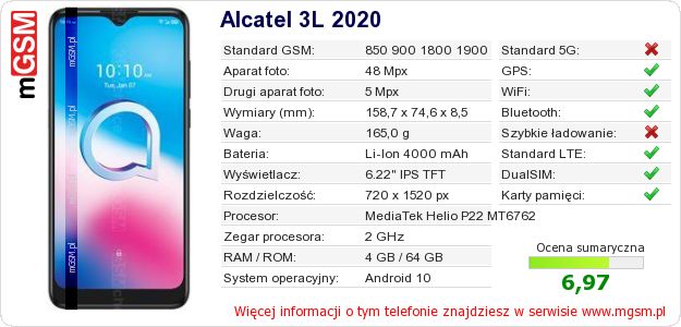 Dane telefonu Alcatel 3L 2020