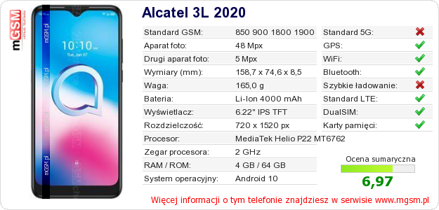 Dane telefonu Alcatel 3L 2020