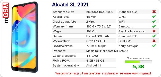 Dane telefonu Alcatel 3L 2021 Dane telefonu Alcatel 3L 2021