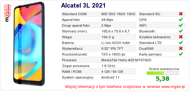 Dane telefonu Alcatel 3L 2021