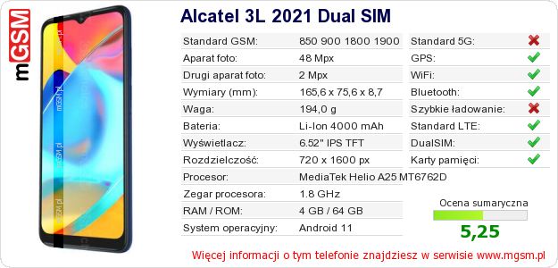 Dane telefonu Alcatel 3L 2021 Dual SIM Dane telefonu Alcatel 3L 2021 Dual SIM