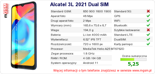 Dane telefonu Alcatel 3L 2021 Dual SIM