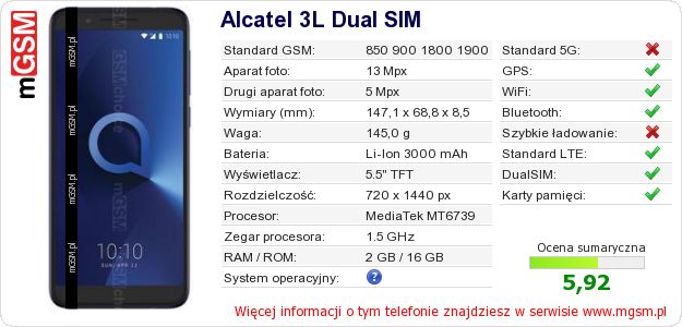 Dane telefonu Alcatel 3L Dual SIM