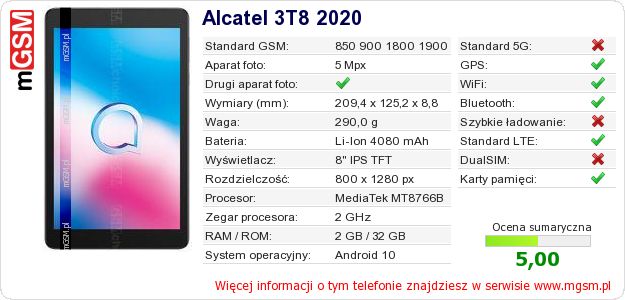 Dane telefonu Alcatel 3T8 2020 Dane telefonu Alcatel 3T8 2020
