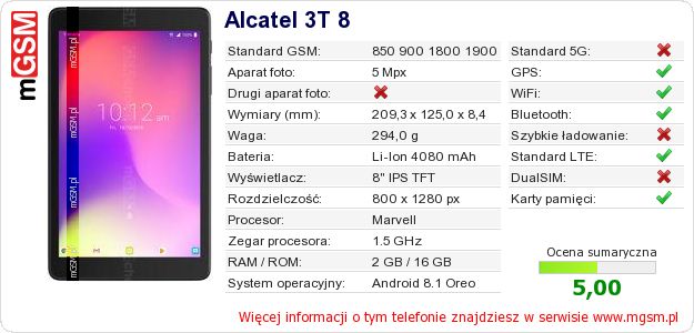 Dane telefonu Alcatel 3T 8