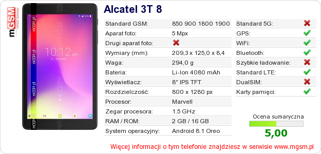 Dane telefonu Alcatel 3T 8