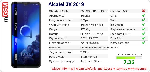 Dane telefonu Alcatel 3X 2019