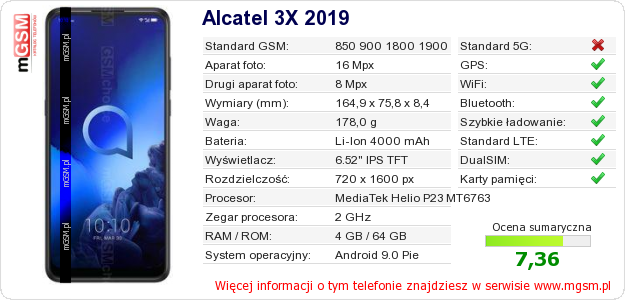 Dane telefonu Alcatel 3X 2019 Dane telefonu Alcatel 3X 2019