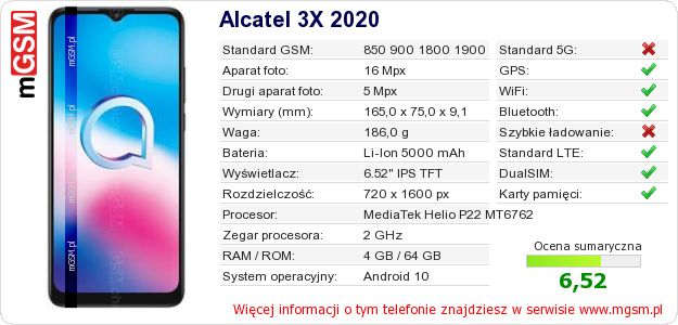 Dane telefonu Alcatel 3X 2020 Dane telefonu Alcatel 3X 2020