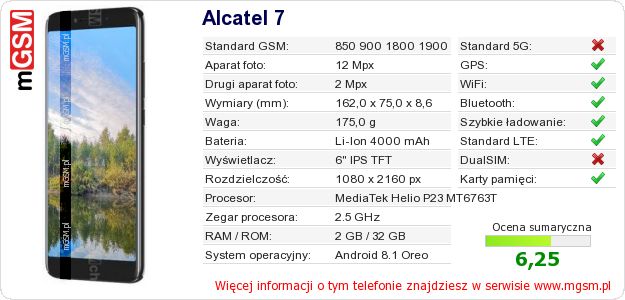 Dane telefonu Alcatel 7 Dane telefonu Alcatel 7