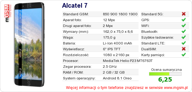 Dane telefonu Alcatel 7