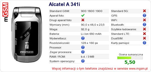 Dane telefonu Alcatel A 341i