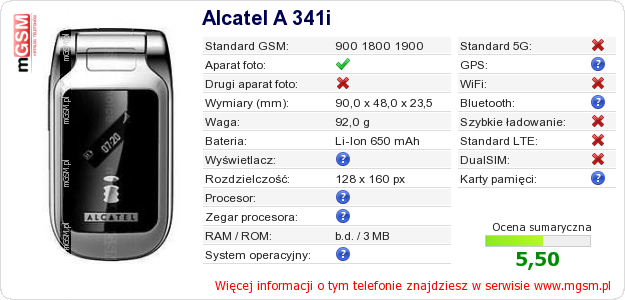 Dane telefonu Alcatel A 341i
