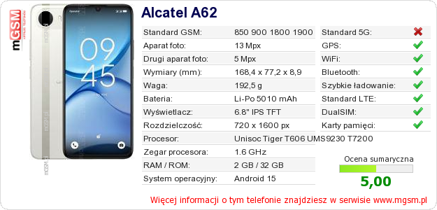 Dane telefonu Alcatel A62 Dane telefonu Alcatel A62