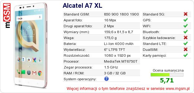 Dane telefonu Alcatel A7 XL