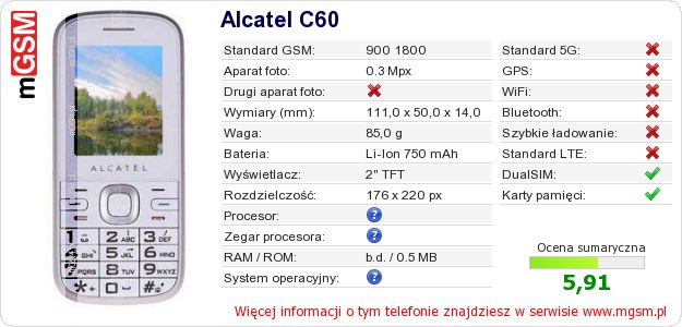 Dane telefonu Alcatel C60