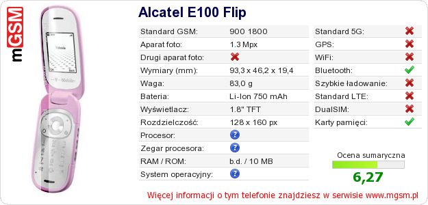 Dane telefonu Alcatel E100 Flip