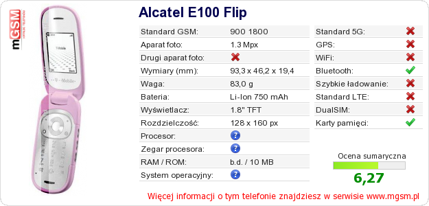 Dane telefonu Alcatel E100 Flip Dane telefonu Alcatel E100 Flip
