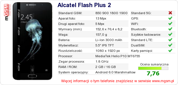 Dane telefonu Alcatel Flash Plus 2