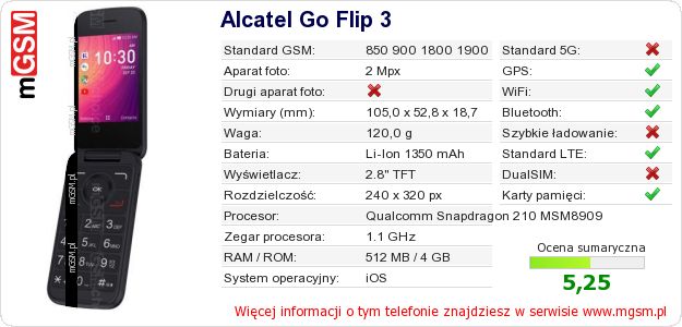 Dane telefonu Alcatel Go Flip 3