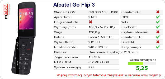 Dane telefonu Alcatel Go Flip 3 Dane telefonu Alcatel Go Flip 3