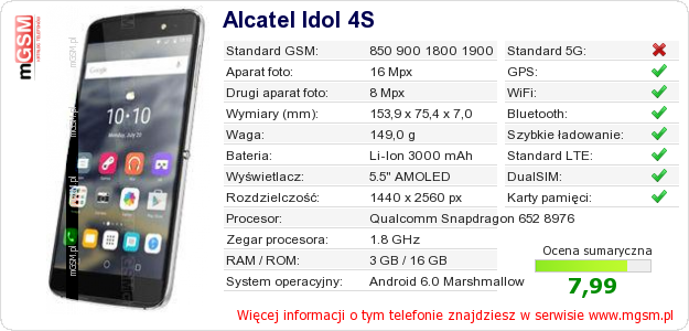 Dane telefonu Alcatel Idol 4S
