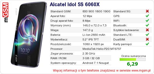 Dane telefonu Alcatel Idol 5S 6060X Dane telefonu Alcatel Idol 5S 6060X