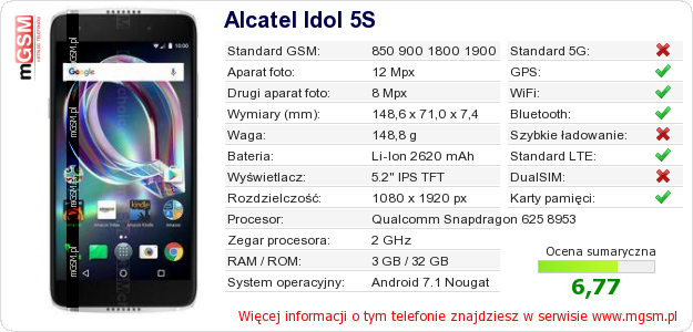 Dane telefonu Alcatel Idol 5S