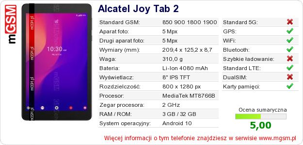 Dane telefonu Alcatel Joy Tab 2 Dane telefonu Alcatel Joy Tab 2