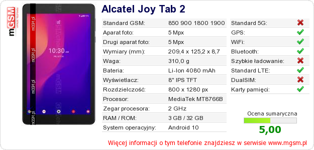 Dane telefonu Alcatel Joy Tab 2 Dane telefonu Alcatel Joy Tab 2