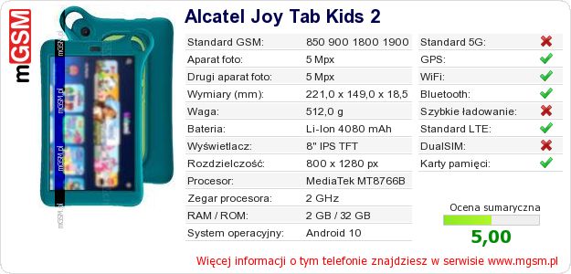 Dane telefonu Alcatel Joy Tab Kids 2