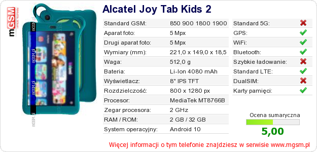 Dane telefonu Alcatel Joy Tab Kids 2