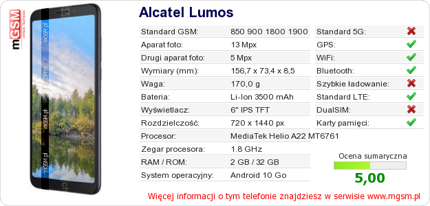 Dane telefonu Alcatel Lumos