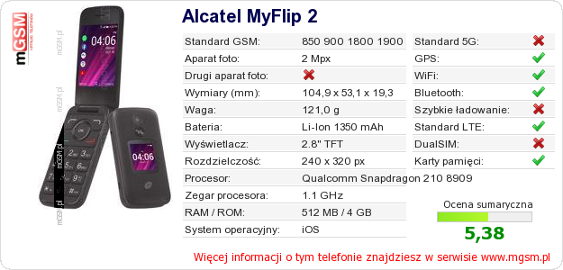 Dane telefonu Alcatel MyFlip 2