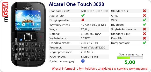 Dane telefonu Alcatel One Touch 3020