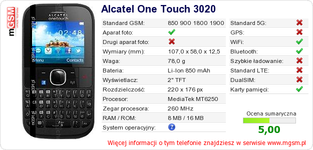 Dane telefonu Alcatel One Touch 3020