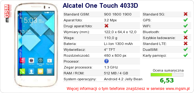 Dane telefonu Alcatel One Touch 4033D