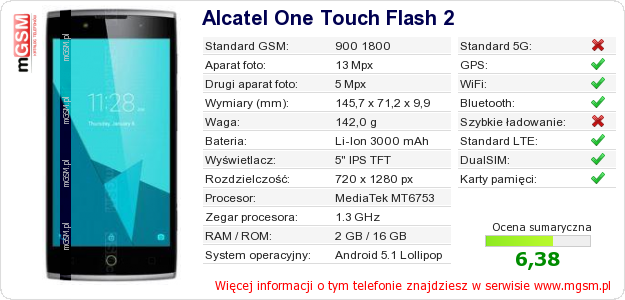 Dane telefonu Alcatel One Touch Flash 2