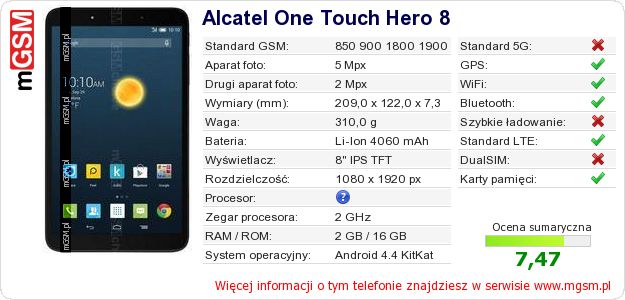 Dane telefonu Alcatel One Touch Hero 8